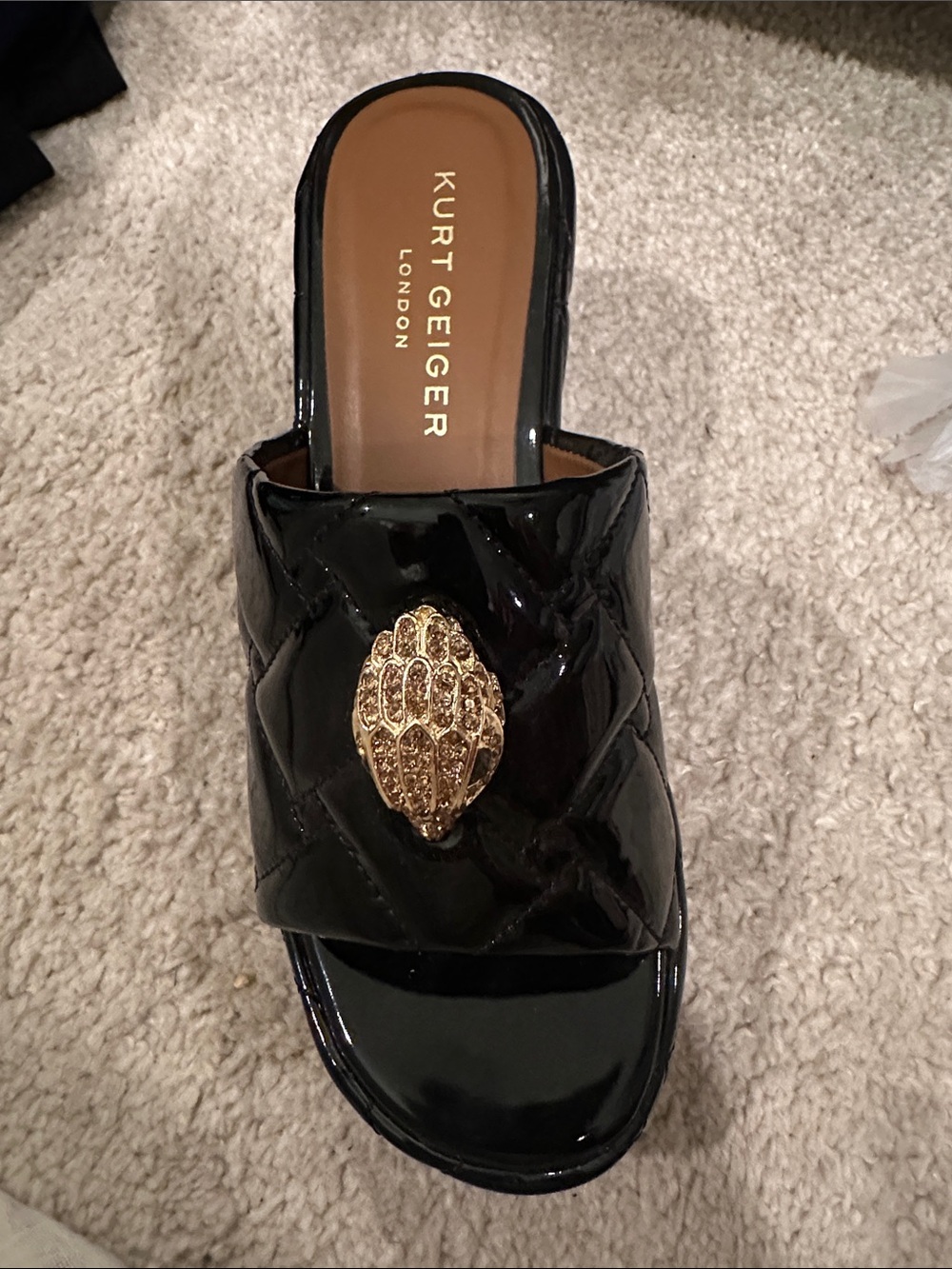 Kurt Geiger Black Patent Quilted Slide with Gold Medallion